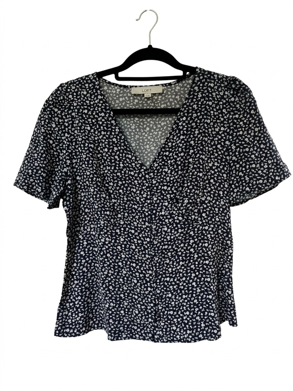 LOFT Navy and White Floral V-Neck Short Sleeve Blouse 4